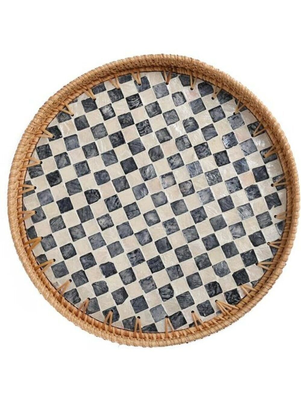 Round Rattan Tray Black Mother of Pearl Inlay Coffee Table Kitchen Decor